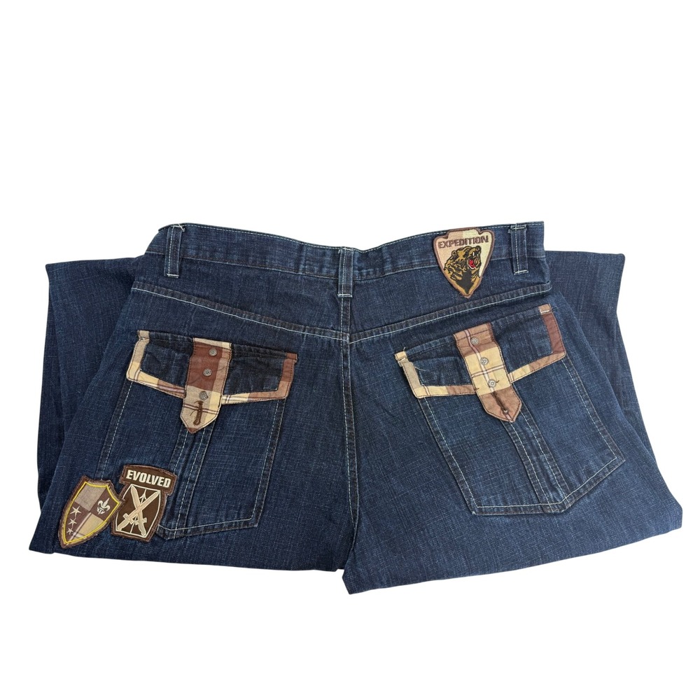 Evolution In Design Expedition Jeans 38x32 Cotton Plaid Patches Y2K Streetwear
